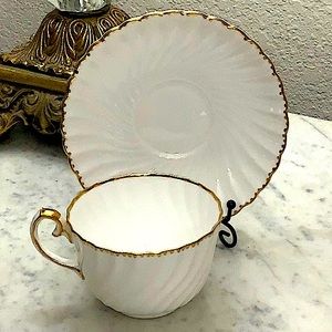 OLD GRECIAN FLUTE GOLD CUP & SAUCER SET VINTAGE GLADSTONE MADE IN ENGLAND BONE